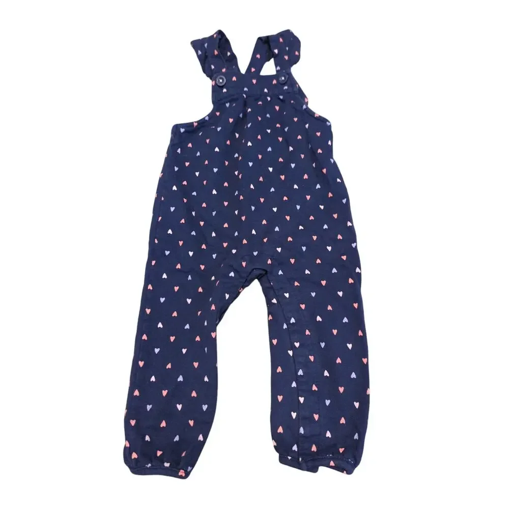 CARTER'S Navy Blue Knit Adjustable Overalls with Pink Hearts Ruffles 18 months
